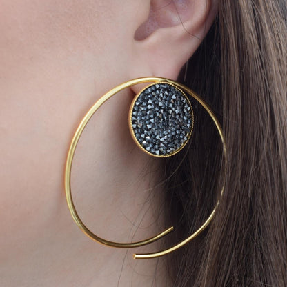Galaxia earrings with crystals, handmade Greek hammered jewelry, available in 18K gold or silver plated.