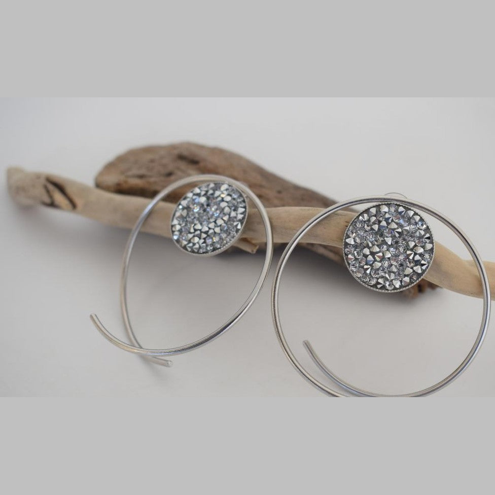 Galaxia earrings with Swarovski crystals, handmade Greek hammered jewelry, available in 18K gold or silver plated.