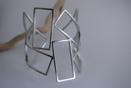Geometria bracelet – Greek hammered jewelry – 18K gold or silver plated, also available in rose gold, interlocking rectangular cuff design