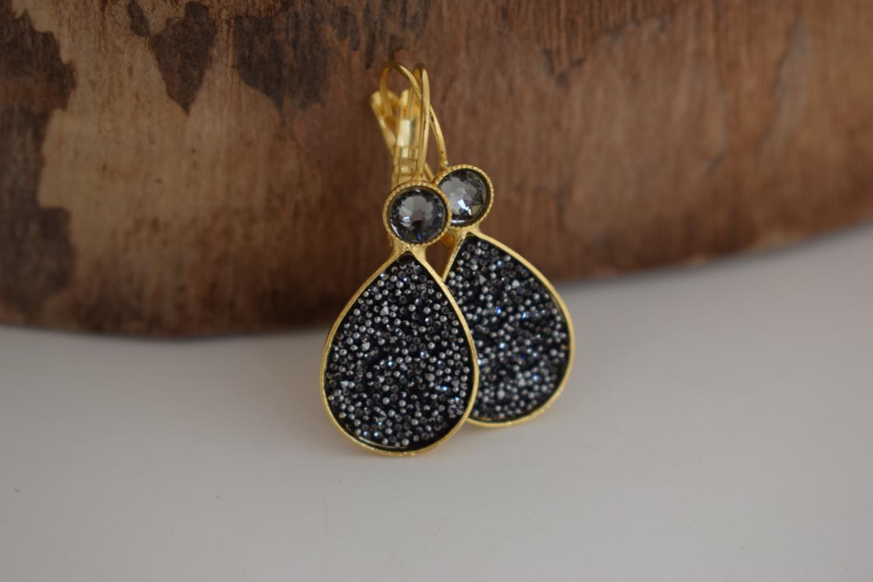 Asteropi 2 teardrop earrings with Swarovski crystals, handmade Greek hammered jewelry, available in gold or silver plated.