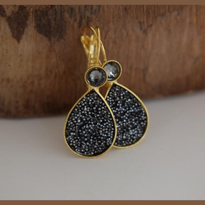 Asteropi 2 teardrop earrings with  crystals, handmade Greek hammered jewelry, available in gold or silver plated.