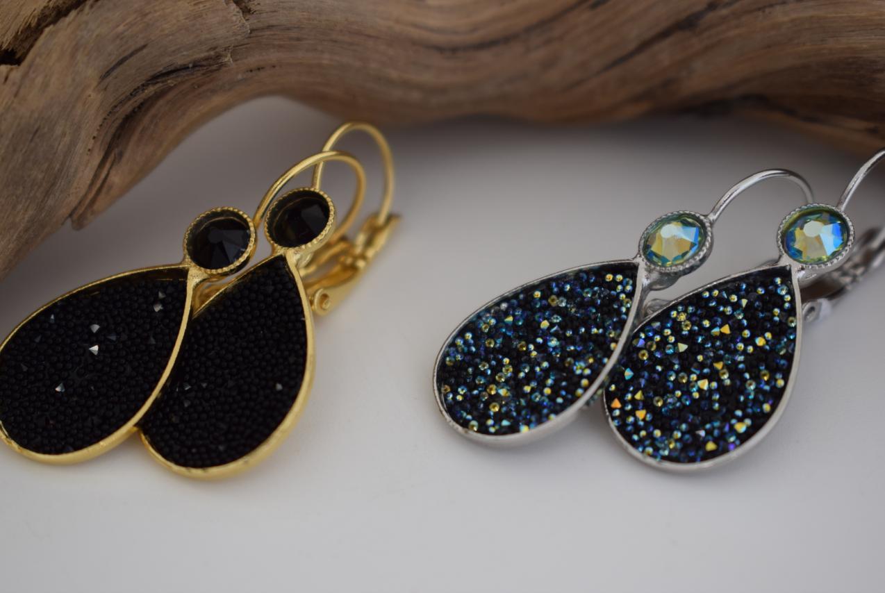 Asteropi 2 teardrop earrings with Swarovski crystals, handmade Greek hammered jewelry, available in gold or silver plated.