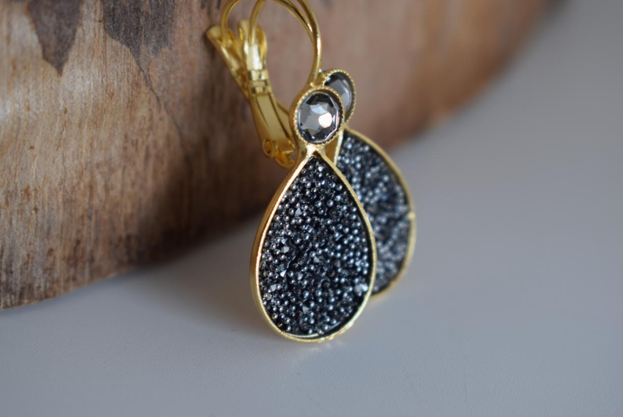 Asteropi 2 teardrop earrings with Swarovski crystals, handmade Greek hammered jewelry, available in gold or silver plated.