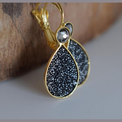 Asteropi 2 teardrop earrings with  crystals, handmade Greek hammered jewelry, available in gold or silver plated.