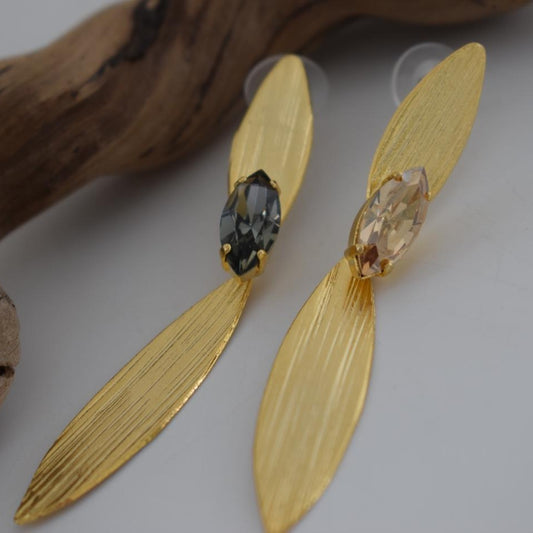 Myrtia elongated leaf earrings with Swarovski crystal, handmade Greek hammered jewelry in 18K gold plated.