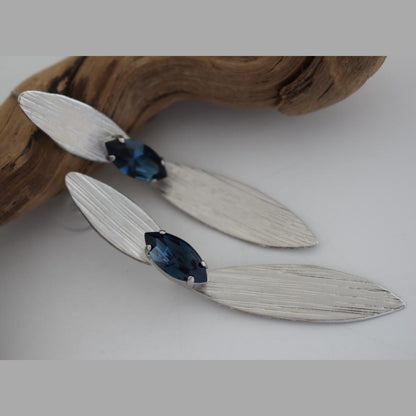 Myrtia elongated leaf earrings with crystal, handmade Greek hammered jewelry in 18K gold plated.