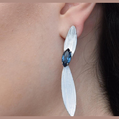 Myrtia elongated leaf earrings with crystal, handmade Greek hammered jewelry in 18K gold plated.