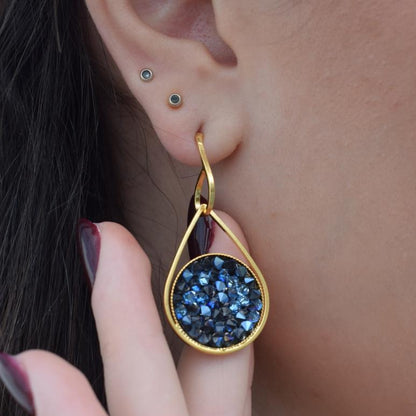 Galaxia3 Earrings, handmade Greek hammered jewelry with crystals available in gold and silver plated.