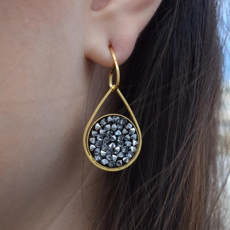 Galaxia3 Earrings, handmade Greek hammered jewelry with Swarovski crystals available in gold and silver plated.