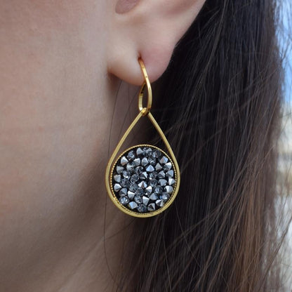 Galaxia3 Earrings, handmade Greek hammered jewelry with crystals available in gold and silver plated.