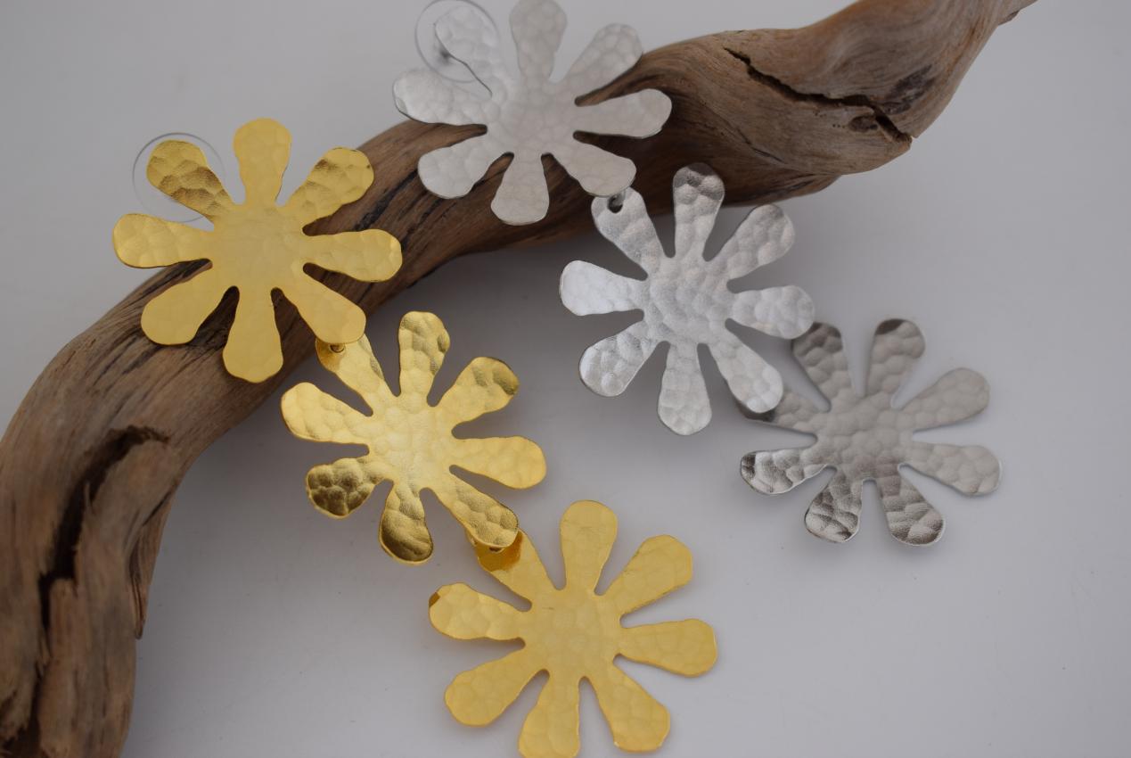 Chrysanthe earrings, handmade Greek hammered floral jewelry, available in 18K gold or silver plated.