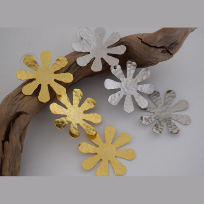 Chrysanthe earrings, handmade Greek hammered floral jewelry, available in 18K gold or silver plated.