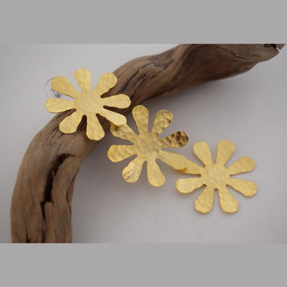 Chrysanthe earrings, handmade Greek hammered floral jewelry, available in 18K gold or silver plated.