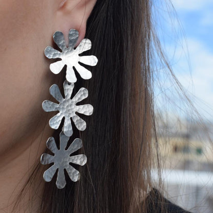 Chrysanthe earrings, handmade Greek hammered floral jewelry, available in 18K gold or silver plated.