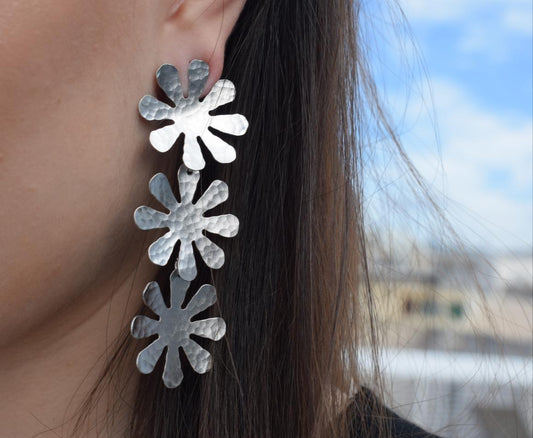 Chrysanthe earrings, handmade Greek hammered floral jewelry, available in 18K gold or silver plated.