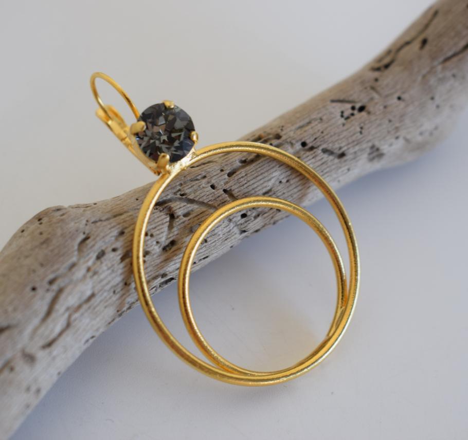 Delphi 2 double-circle earrings with Swarovski crystals, handmade Greek hammered jewelry, available in gold or silver plated.