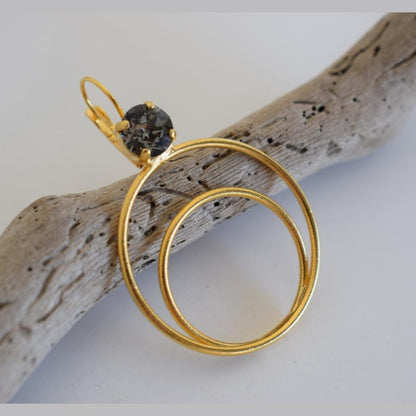 Delphi 2 double-circle earrings with crystals, handmade Greek hammered jewelry, available in gold or silver plated.