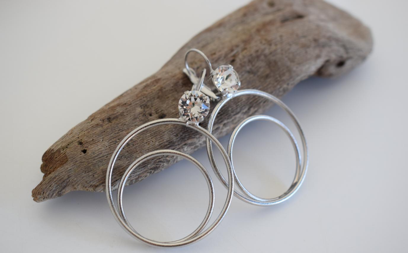 Delphi 2 double-circle earrings with Swarovski crystals, handmade Greek hammered jewelry, available in gold or silver plated.