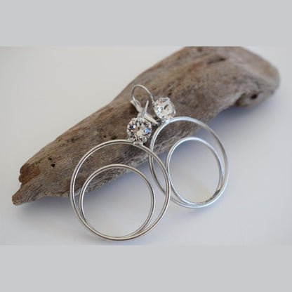 Delphi 2 double-circle earrings with  crystals, handmade Greek hammered jewelry, available in gold or silver plated.
