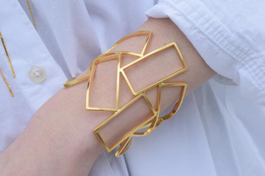 Geometria bracelet – Greek hammered jewelry – 18K gold or silver plated, also available in rose gold, interlocking rectangular cuff design