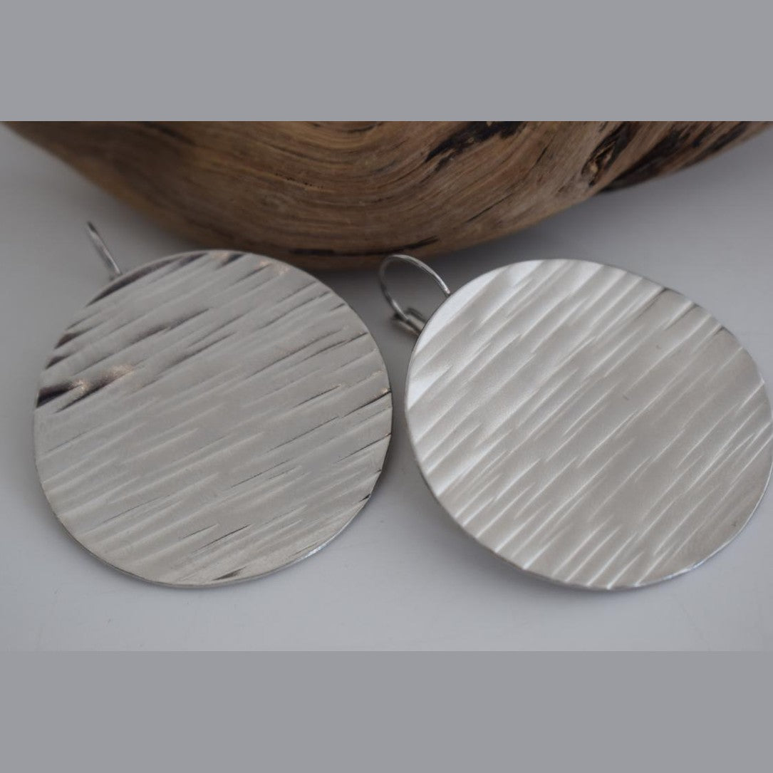 Krateras earrings, Greek hammered jewelry with round textured surface, available in gold and silver plated.