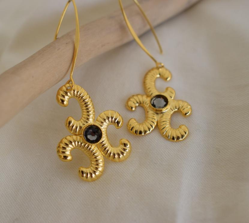 Ikaria earrings with Swarovski crystal, handmade Greek hammered jewelry, available in 18K gold or silver plated.
