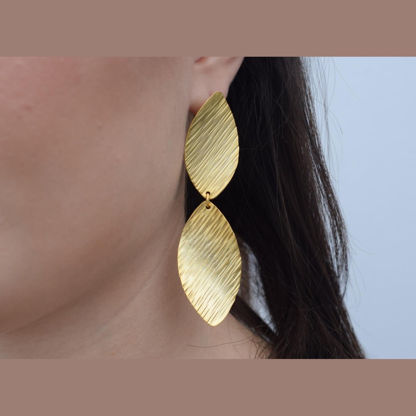 Noufaro Earrings, handmade Greek hammered jewelry available in gold and silver plated.