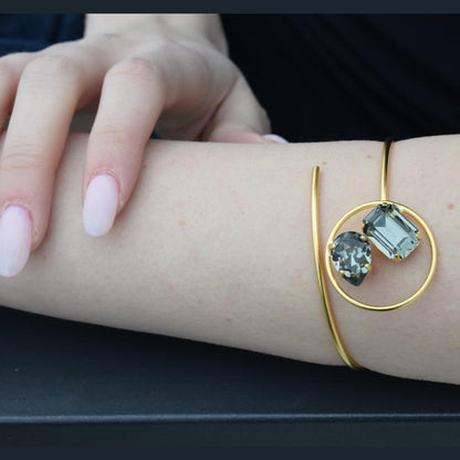 Okeanos bracelet – Greek hammered jewelry – 18K gold or silver plated with Swarovski crystals, spiral cuff inspired by ocean waves