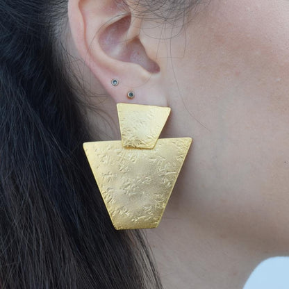 Meteora geometric textured earrings, handmade Greek hammered jewelry, available in gold or silver plated.