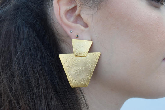 Meteora geometric textured earrings, handmade Greek hammered jewelry, available in gold or silver plated.