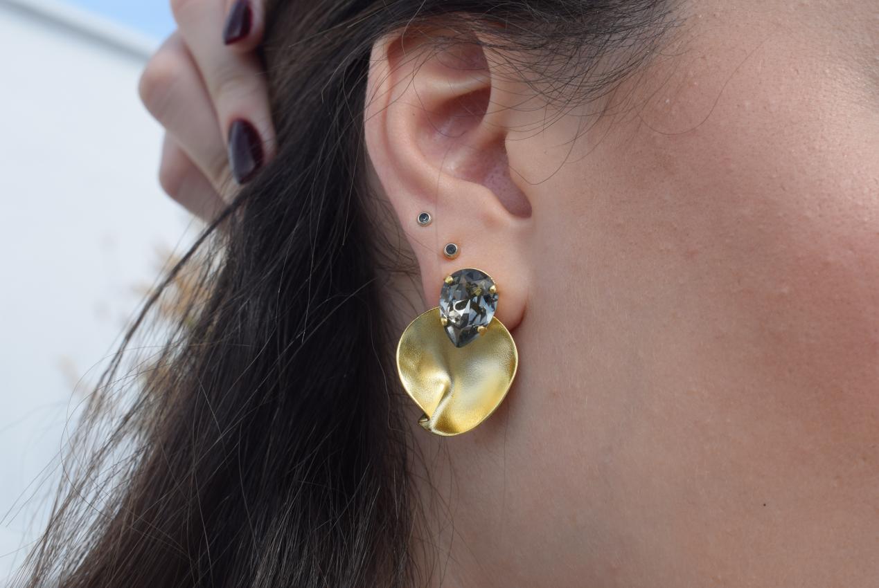 Amphitrite Earrings, handmade Greek hammered jewelry with Swarovski crystals available in gold and silver plated.