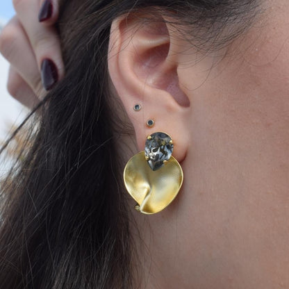 Amphitrite Earrings, handmade Greek hammered jewelry with crystals available in gold and silver plated.