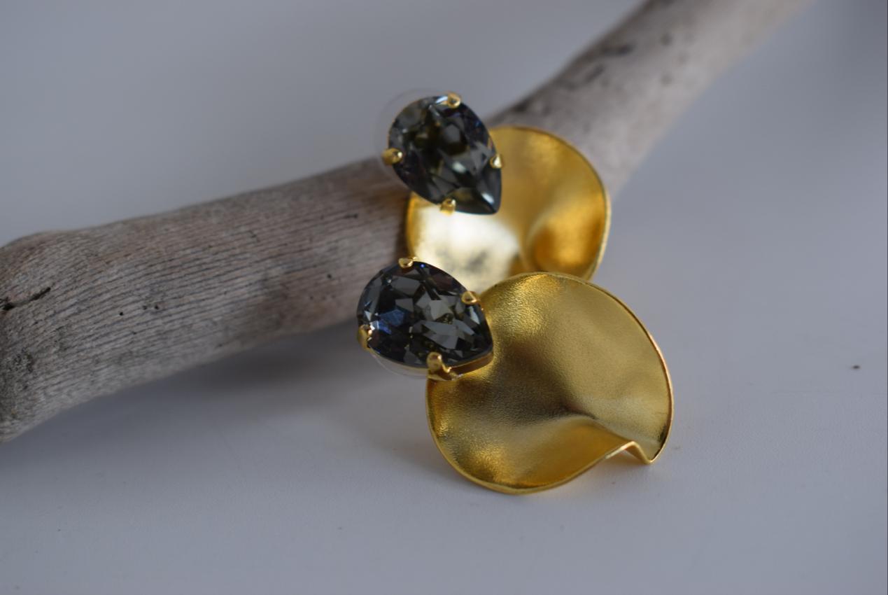 Amphitrite Earrings, handmade Greek hammered jewelry with Swarovski crystals available in gold and silver plated.