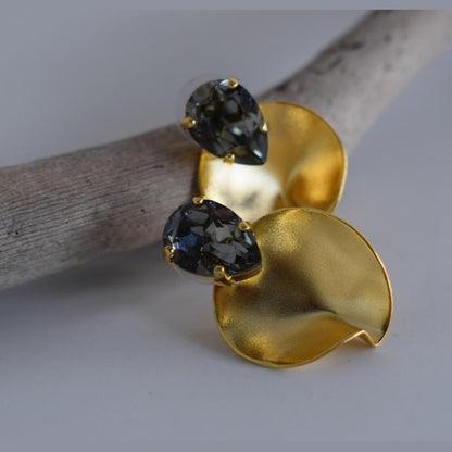 Amphitrite Earrings, handmade Greek hammered jewelry with crystals available in gold and silver plated.