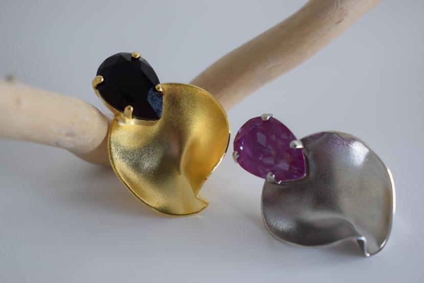 Amphitrite Earrings, handmade Greek hammered jewelry with Swarovski crystals available in gold and silver plated.