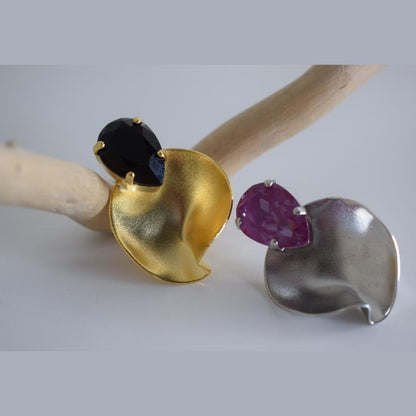 Amphitrite Earrings, handmade Greek hammered jewelry with crystals available in gold and silver plated.