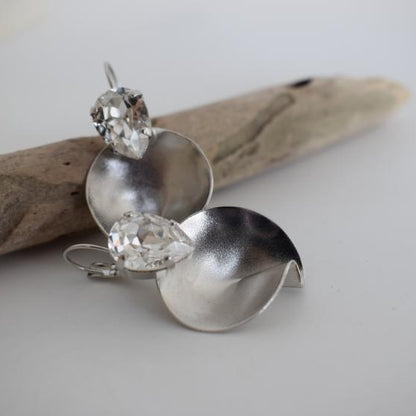Amphitrite Earrings, handmade Greek hammered jewelry with crystals available in gold and silver plated.