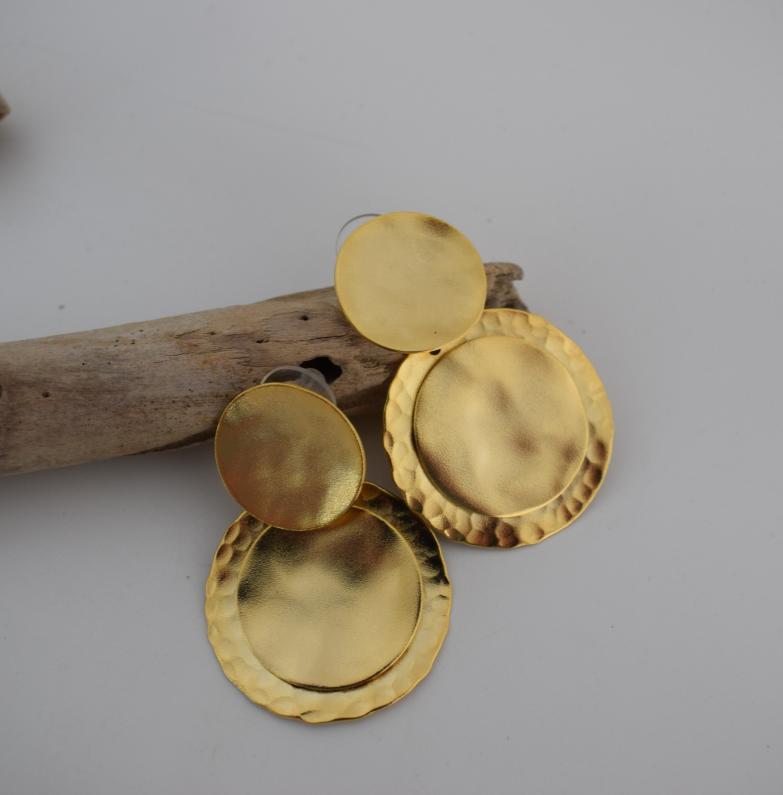 Mycenae 2 layered circle earrings, handmade Greek hammered jewelry, available in gold or silver plated.