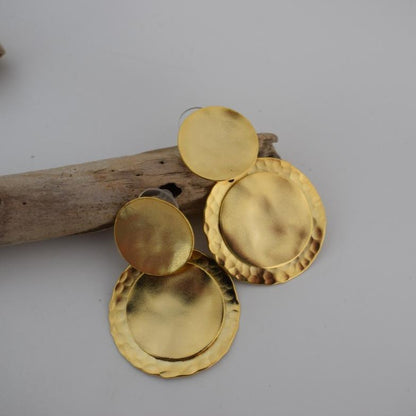 Mycenae 2 layered circle earrings, handmade Greek hammered jewelry, available in gold or silver plated.