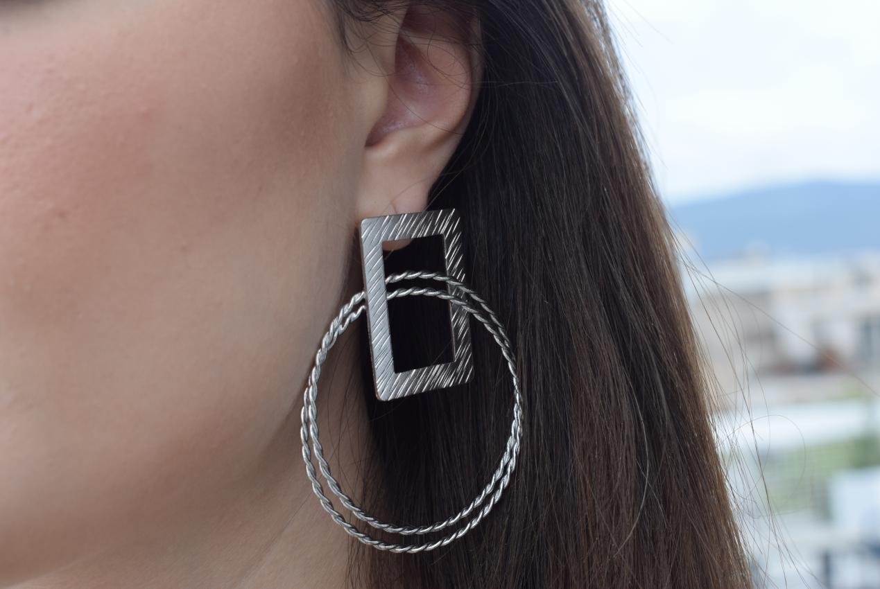 Kronos 2 geometric hoop earrings with rectangular detail, handmade Greek hammered jewelry, available in gold or silver plated.