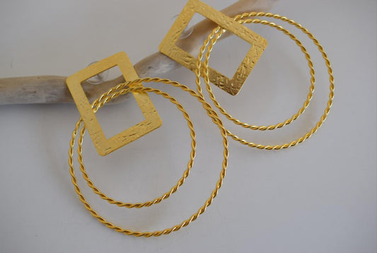 Kronos 2 geometric hoop earrings with rectangular detail, handmade Greek hammered jewelry, available in gold or silver plated.