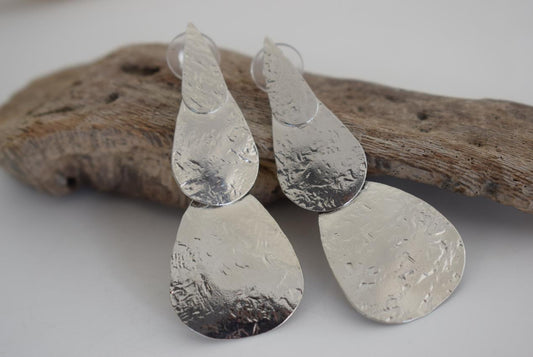 Iphigenia 2 double teardrop hammered earrings, handmade Greek jewelry, available in gold or silver plated.