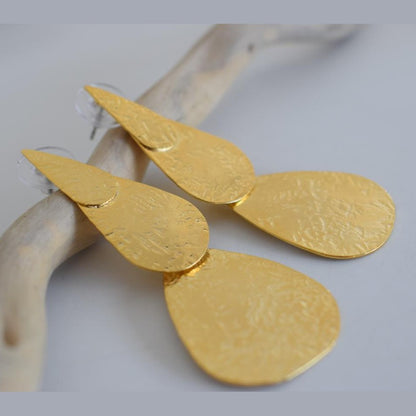 Iphigenia 2 double teardrop hammered earrings, handmade Greek jewelry, available in gold or silver plated.