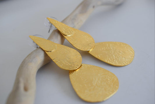 Iphigenia 2 double teardrop hammered earrings, handmade Greek jewelry, available in gold or silver plated.