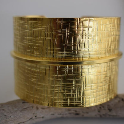 Minos bracelet – Greek hammered jewelry – 18K gold plated cuff with geometric engraved pattern