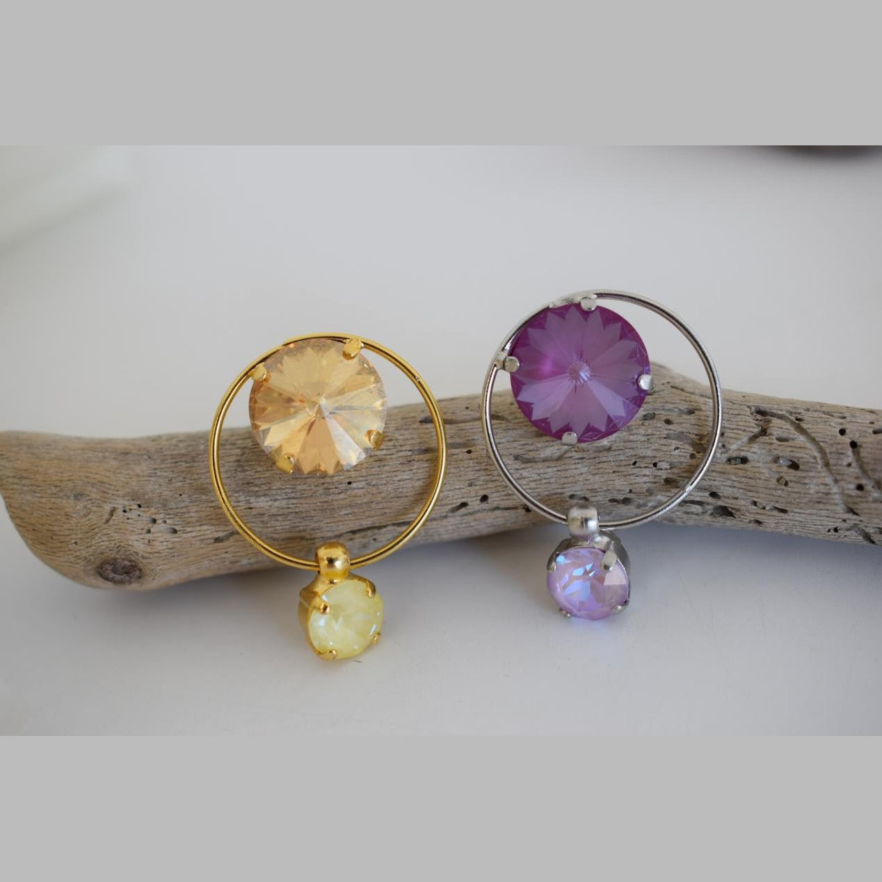 Evanthos Earrings, handmade Greek hammered jewelry with Swarovski crystals available in gold and silver plated.