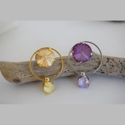 Evanthos Earrings, handmade Greek hammered jewelry with crystals available in gold and silver plated.