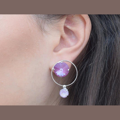 Evanthos Earrings, handmade Greek hammered jewelry with crystals available in gold and silver plated.