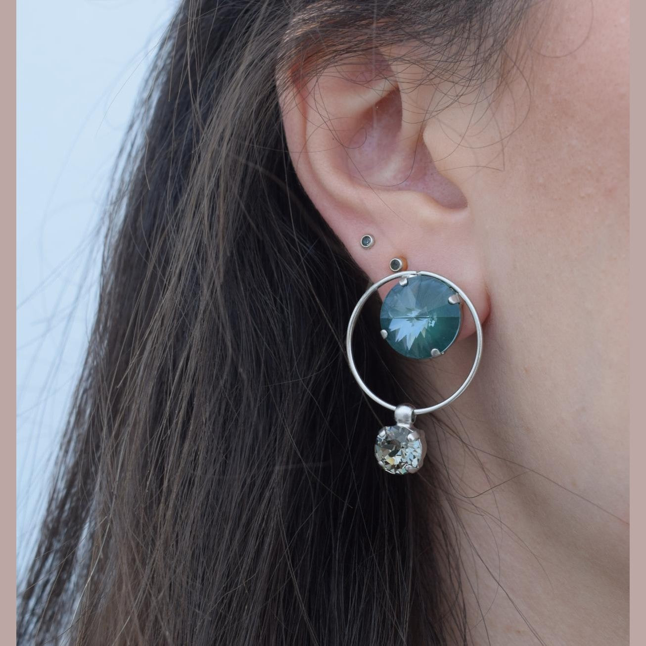 Evanthos Earrings, handmade Greek hammered jewelry with Swarovski crystals available in gold and silver plated.