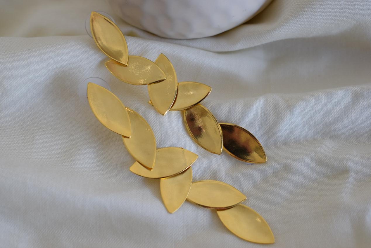 Elaia 4 cascading olive-leaf earrings, handmade Greek hammered jewelry, available in gold or silver plated.